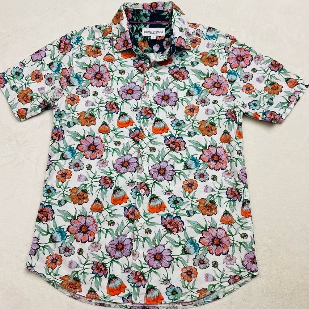 THOMAS STERLING White Colorful Floral Short Sleeve Button Down Shirt Men's Small